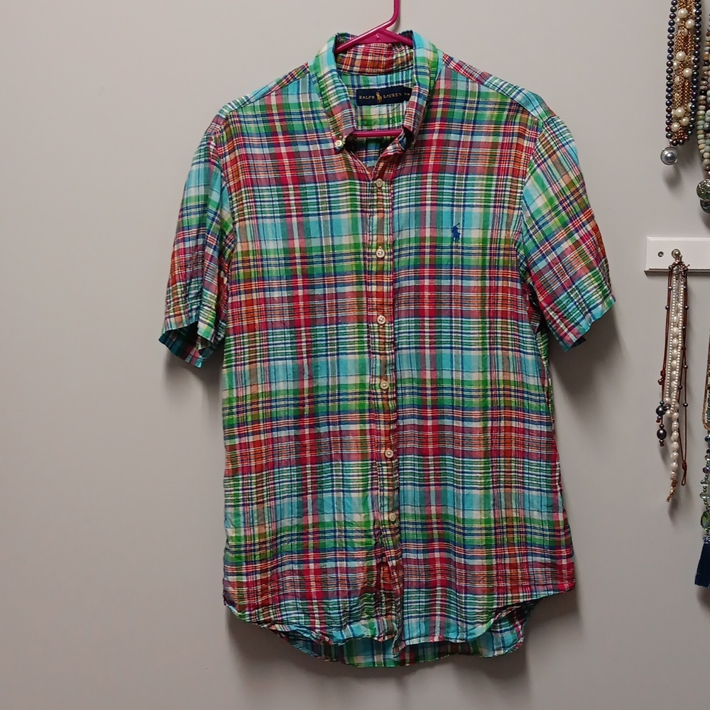 Ralph Lauren madras plaid linen shirt, ,size medium
